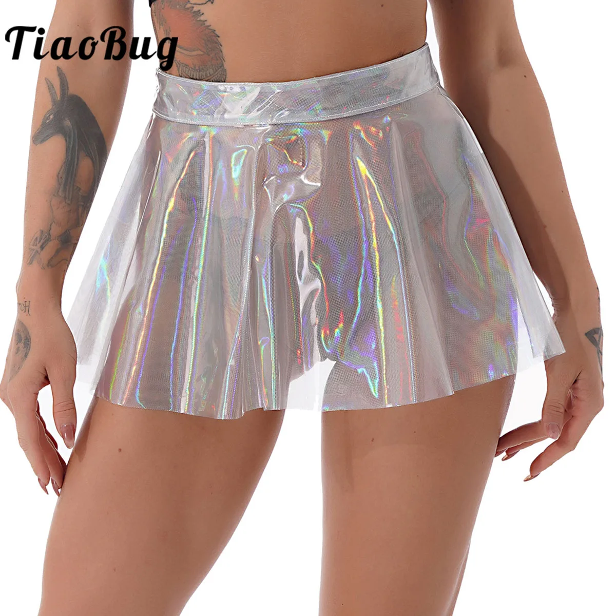 

Womens Transparent Glossy Shiny Bodycon Miniskirt High Waist Holographic See-through Flared Skirt Sexy Rave Party Clubwear