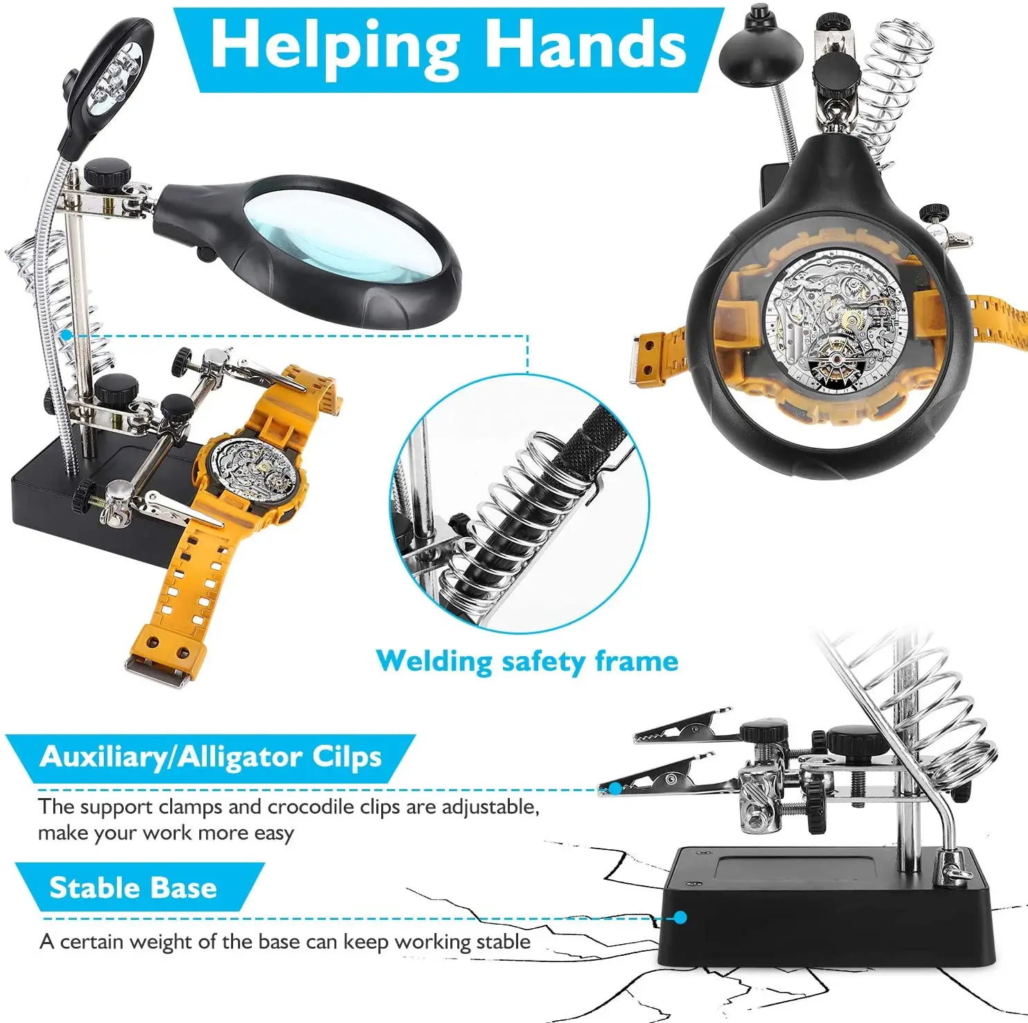 2.5X 7.5X 10X LED Light Helping Hands Magnifier Soldering Station Magnifying Glass Stand with Auxiliary Clamp and Alligator Clip