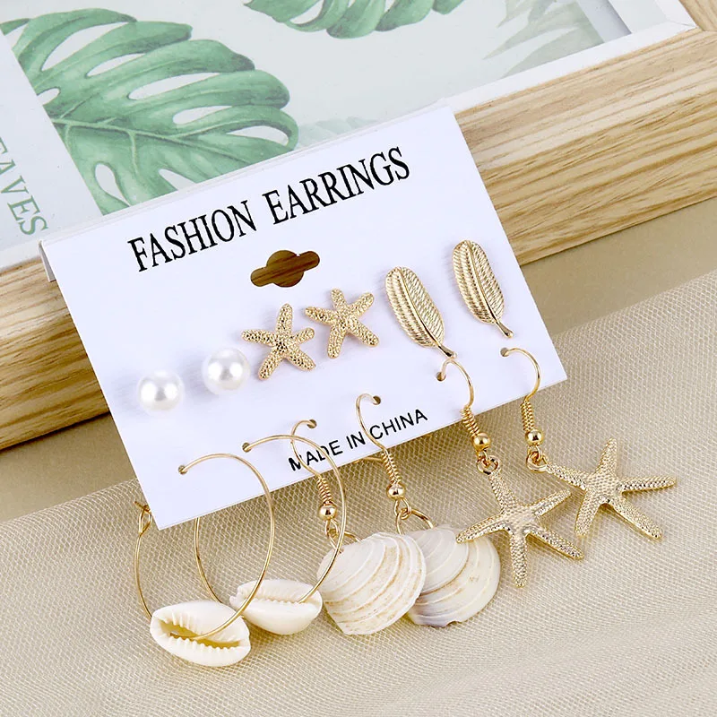 Fashion Artifical Shell Conch Earrings Set For Women Vintage Metal Starfish Shell Tassel Stud Earrings New Boho Ocean Jewelry