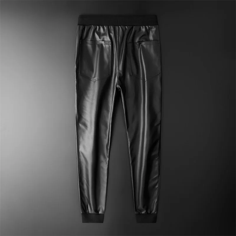 Thoshine Brand Men Leather Pants Superior Quality Elastic Waist Jogger Pants Zipper Pockets Male Faux Leather Trousers Slim Fit