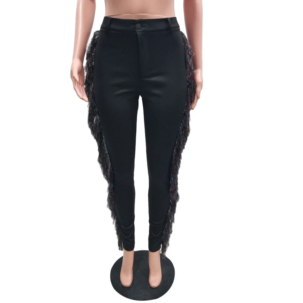 Tassels Trimming Trousers Women Side Silver Trouser For Women Elastic Mid Waist Pencil Pants Autumn Female Fringe Pants