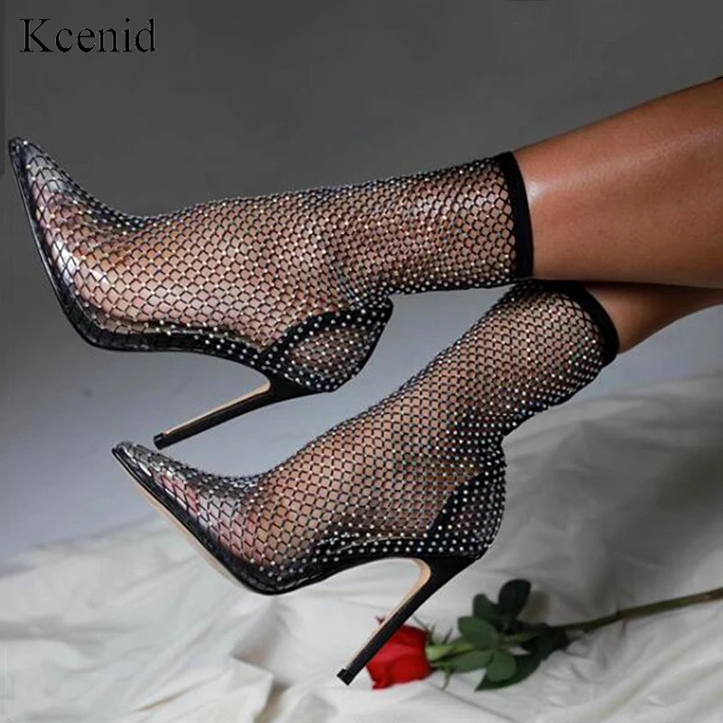 

Kcenid Summer Crystal Mesh Boots Women PVC Runway High Heels Shoes Rhinestone Sock Boots Sexy Ladies Party Wedding Sandals Boots