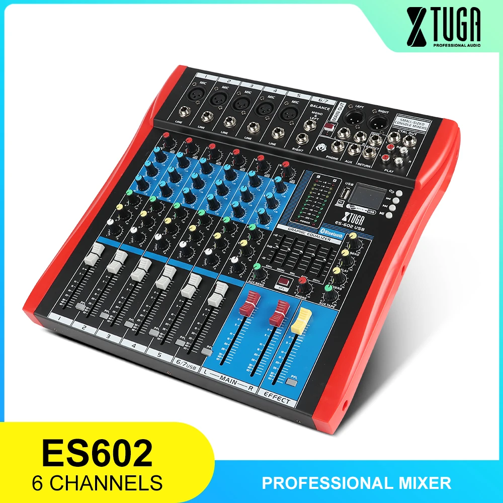 XTUGA ES602 USB/MP3/บลูทูธ Professional STAGE เครื่องเสียงดิจิตอลในตัวผลเพลงผสมผสม 7 Channel Mixer + 48V