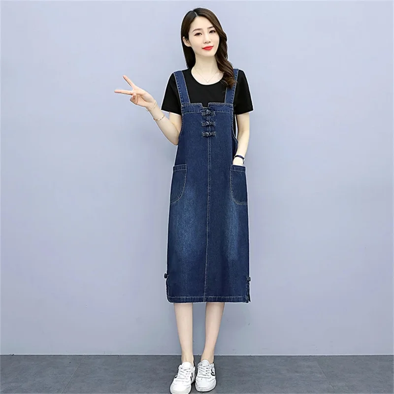 Korean Fashion Denim Sundress Preppy Style Midi Jeans Dress Women Suspenders Loose Jeans Dresses Female Overalls Robe Femme C