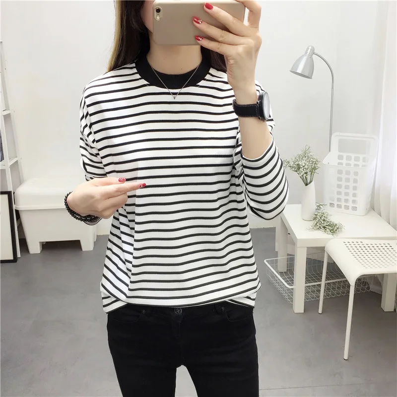 Long Sleeve Fashion Black And White Striped Women T Shirts 2023 New Spring Casual Tops Pullover T-shirt O-neck Korean Shirt