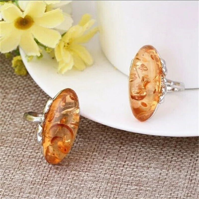 Vintage Oval Amber Stone Retro Rings for Womens Mens Jewelry Ring Size 6-10