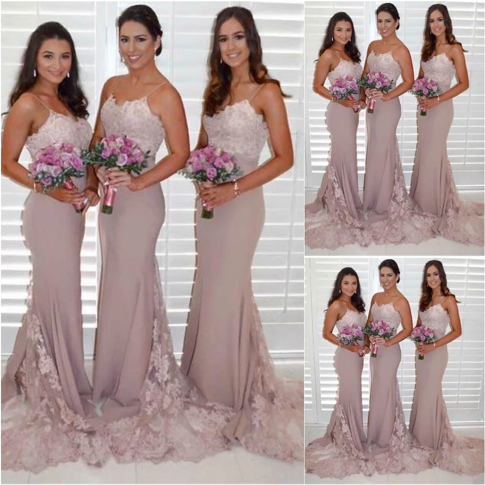 

Spaghetti Bridesmaid Dresses Plus Size Mermaid Gown Prom Party Gown Sweetheart Elastic Satin Dress Applique