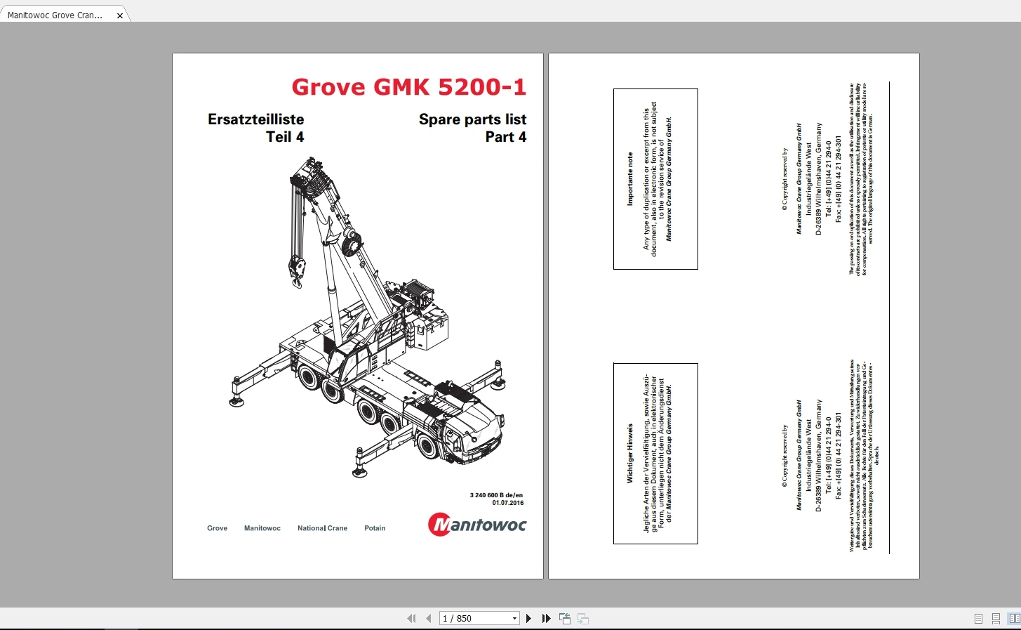 Manitowoc Grove Cranes All Models Updated [01.2021] Spart Parts Manual German PDF DVD