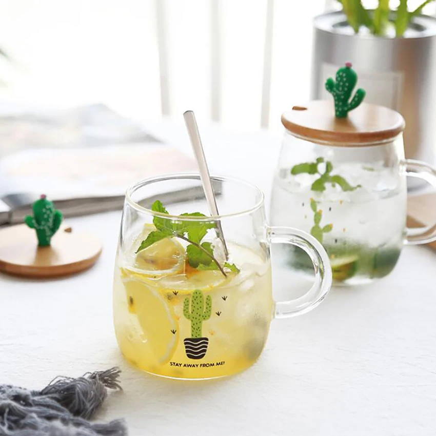 Leuke Cactus Thee Mok Met Houten Deksel En Lepel Borosilicaatglas Koffie Mok 450Ml Clear Drinkbeker Voor Fruit sap, koffie Thee