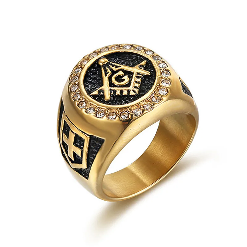 Hot sale Fashion Jewelry Men Vintage Charm Mason Freemason Masonic Rings Punk Stainless Steel Gold Color Ring For Mens Jewelry