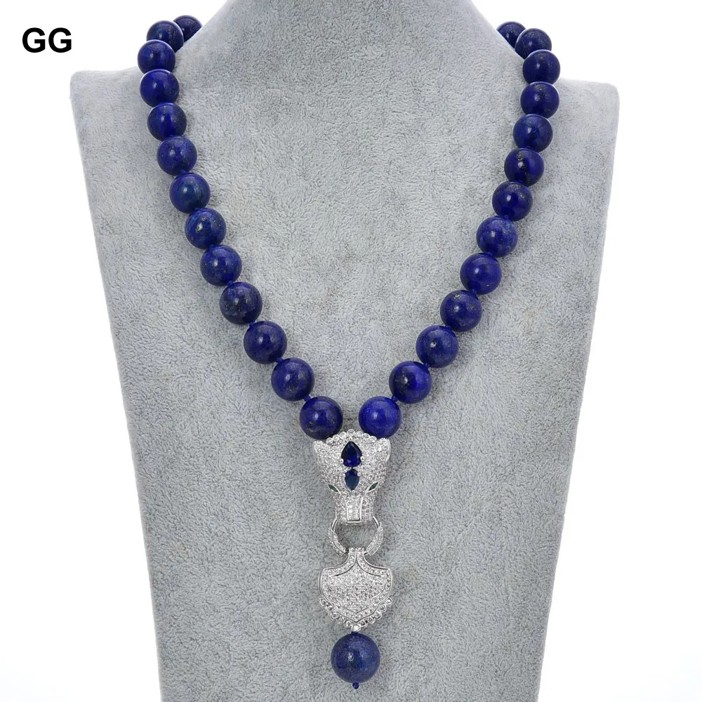 

GuaiGuai Jewelry Natural 14MM Blue Smooth Round Lapis Lazuli Necklace CZ Pave Pendant 19'' For Women