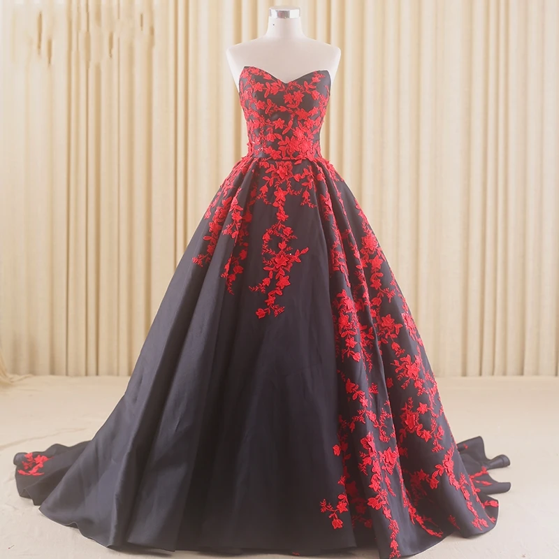 Robe de mariée en satin sans bretelles, robes de mariée noires, train chapelle, dentelle rouge, Accent au dos, patients, quoi que ce soit, 2021