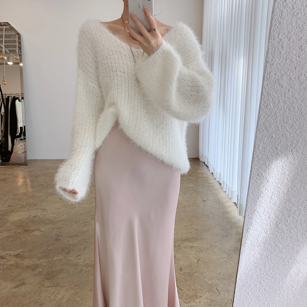 

Croysier Autumn Winter Clothes Women 2021 Sweaters Pullovers Long Sleeve V Neck Fluffy Knitted Sweater Pullover Casual Jumper