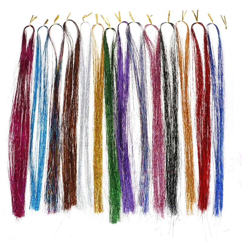 

120 Strands/bag Sparkle Shiny Tinsel Rainbow Silk Hair Extensions Dazzles Women Hippie for Braiding Headdress Colorful Long 28"