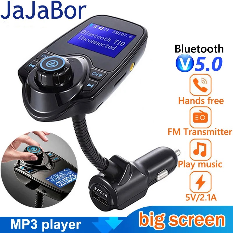 JaJaBor FM Transmitter Bluetooth 5.0 Car Kit Handsfree AUX Stereo Car MP3 Music Player Large Screen Display USB Car Charger