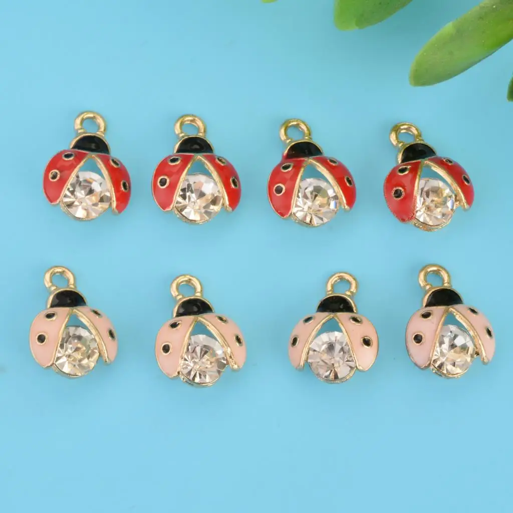 Cute Insect Charms Ladybug Animal Gold Color Metal Multicolor Rhinestone Pendants DIY Making Necklace Jewelry 15mm x 11mm,10PCs