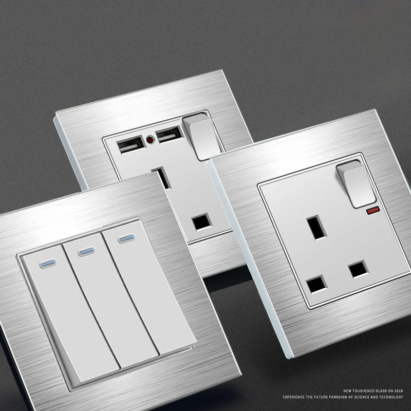 250V 86MM British standard Aluminum alloy drawing silvery panel 1/2/3/4gang 1/2way switch socket with USB interface socket