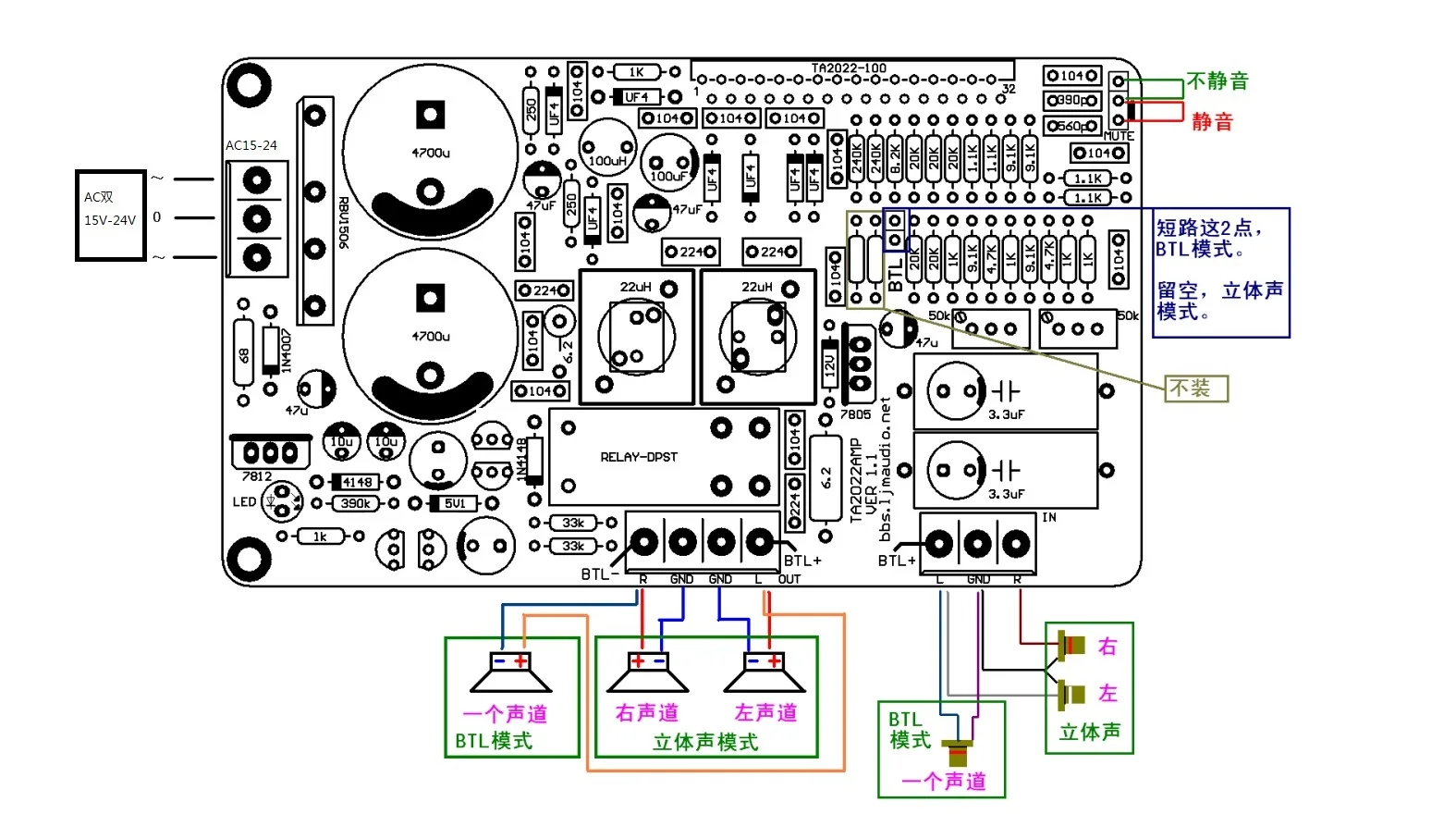 TA2022 50-150W Dual Channel Class T Audiophile Sound Quality Power Amplifier Board