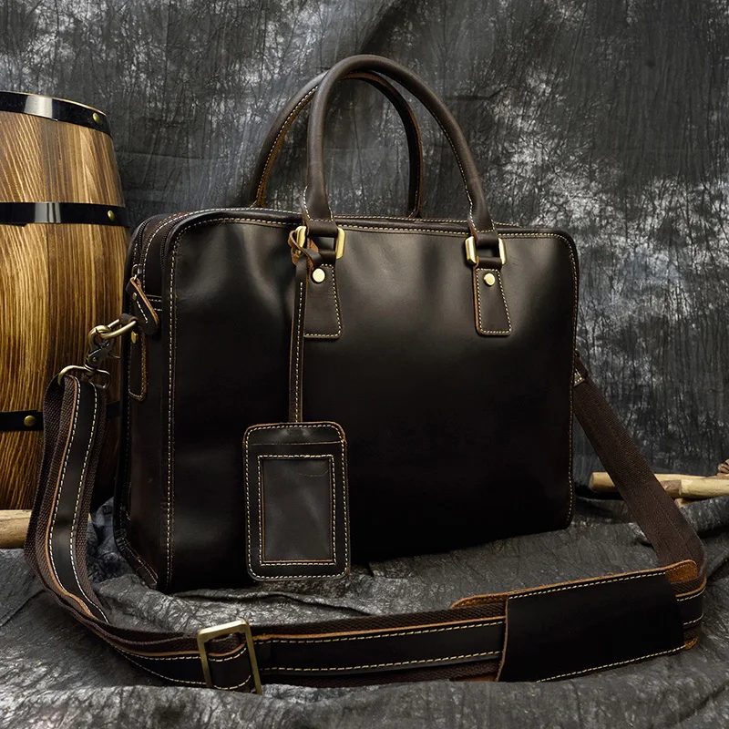 Newsbirds Mens Leather Handbag 15.6 Inch PC Notebook Laptop Briefcase Shoulder Bag 100% Cowhide Man Bag Male Business Bag