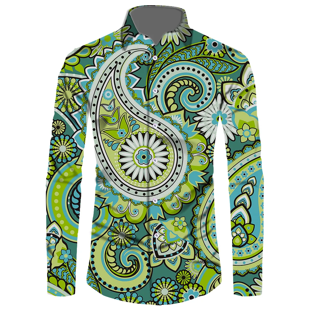 

Mens New Arrival Casual Shirts Bandana Print Stretch Fit Long Sleeve Floral Shirts Men Dress Business Plus Size Social Tops