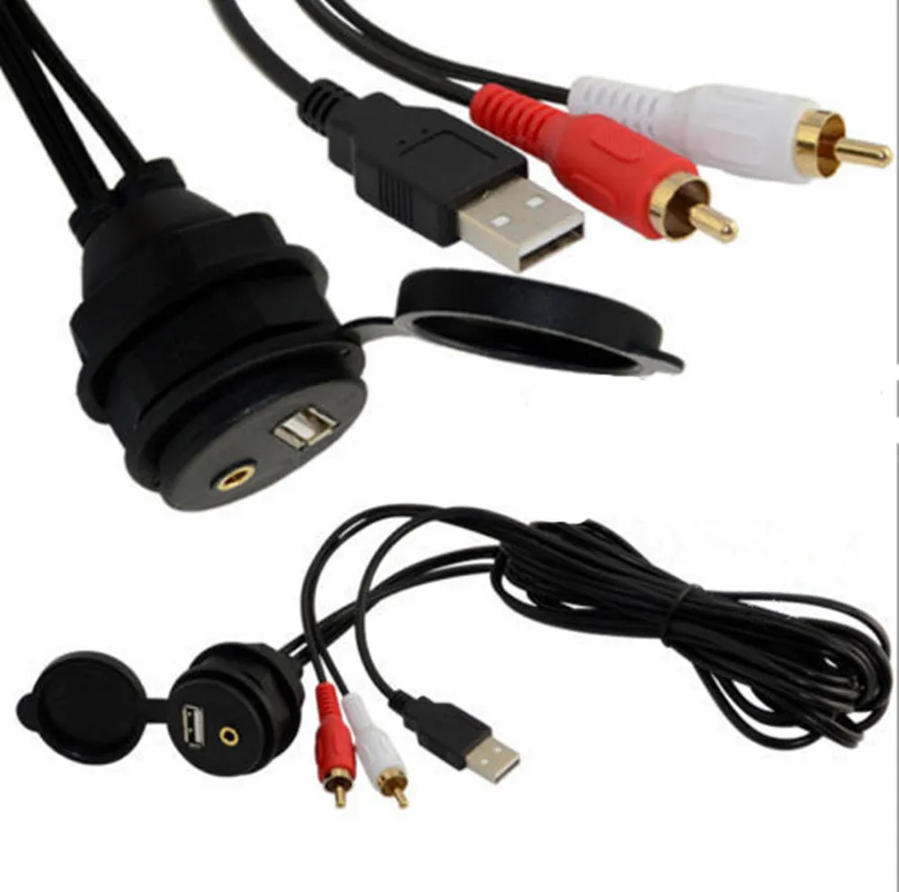 

1M 2M Car AUX USB 2 RCA Extension Male To Female Cable Dash Flush Mount USB Port 3.5mm