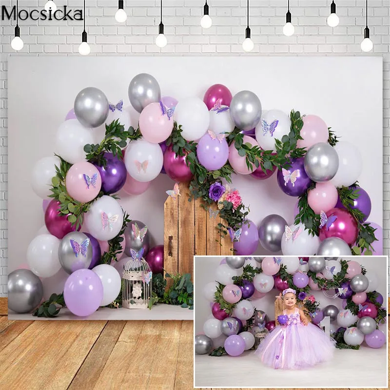 Frühling Schmetterling Kinder Geburtstag Kuchen Zerschlagen Hintergrund Studio Photo Lila Blumen Luftballons Garten Fotografie Hintergrund