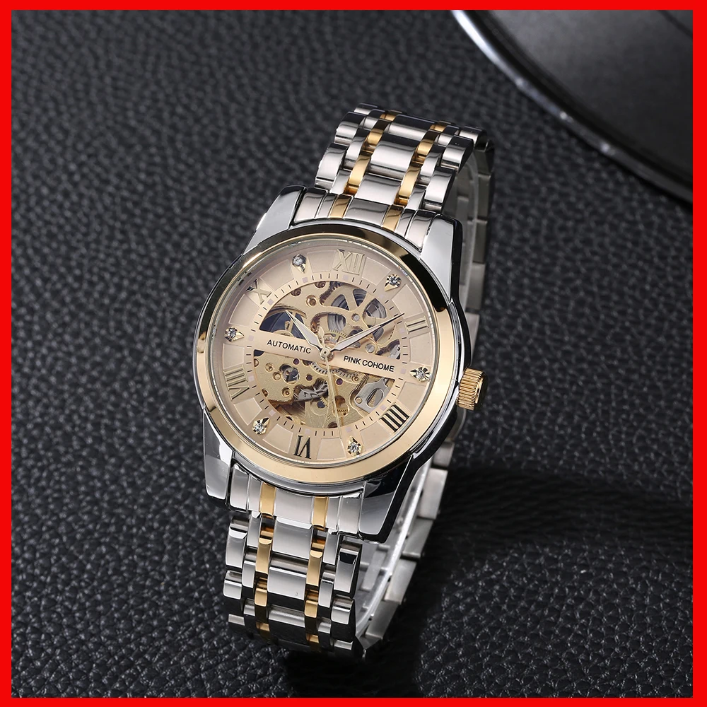 316L Stainless Steel Bracelet Watches Men Hollow Dial Face Mechanical Wristwatch Waterproof Diamond Index Relogio Masculino