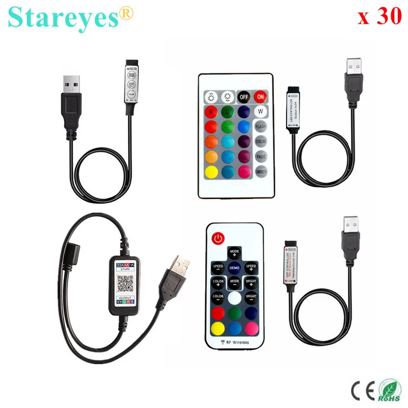 

30 Pcs DC5V USB LED RGB Controller Mini 3Key Dimmer IR 24Key RF 17key Bluetooth Wireless Remote Control for 5V RGB LED Strip