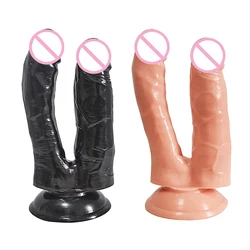 Double Dildos Double Penetration Vagina and Anus Realistic Penis with Suction Cup Erotic Phallus Sex Toys for Women Masturbation