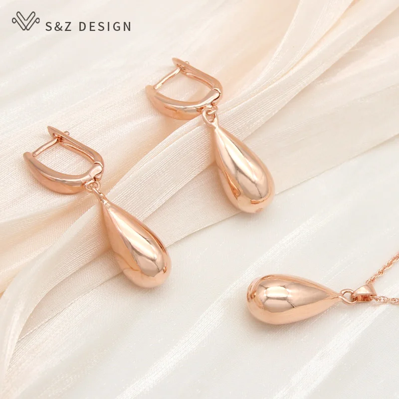 

S&Z DESIGN New 585 Rose Gold Color Water Drop Metal Dangle Earrings Jewelry Sets For Women Wedding Pendant Necklace
