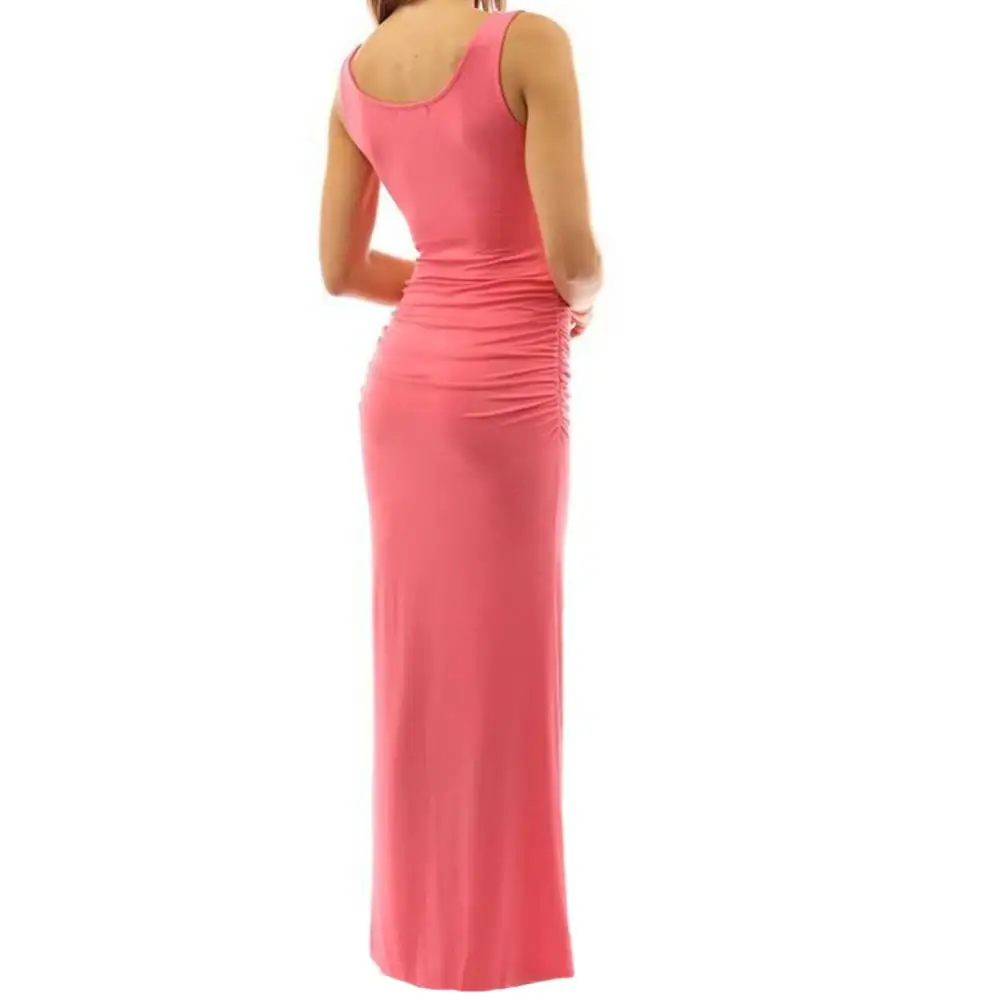 Heiße Verkäufe Einfarbig Frauen Scoop Neck Sleeveless Sommer Maxi Seite Split Geraffte Lange Kleid