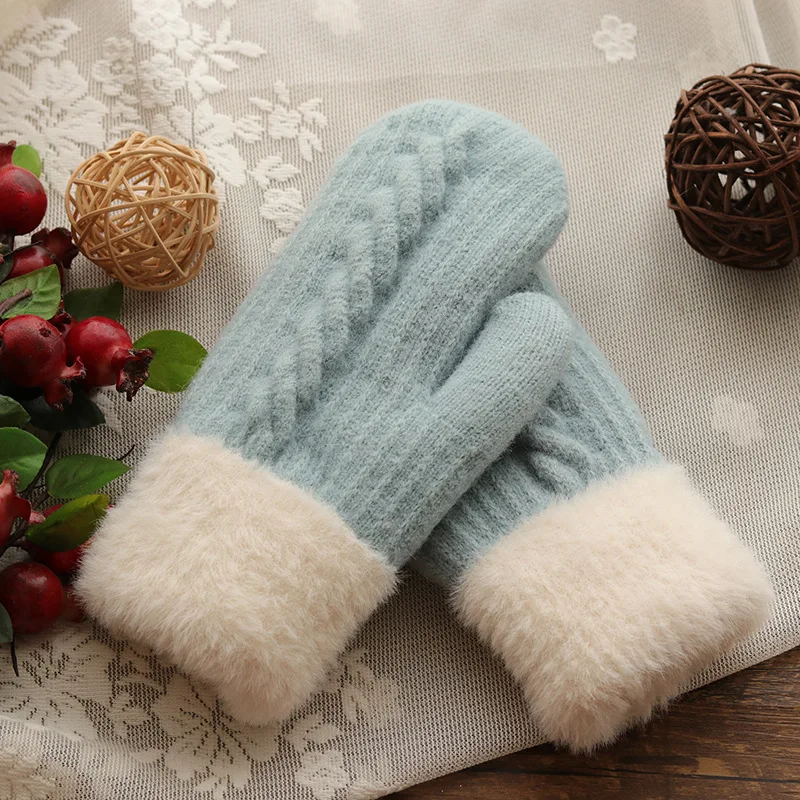 Winter Women Keep Warm Plus Velvet Inside Wrist Thicken Twist Knit Mittens Full Finger Cycling Woolen Gloves Soft Cute Lovely