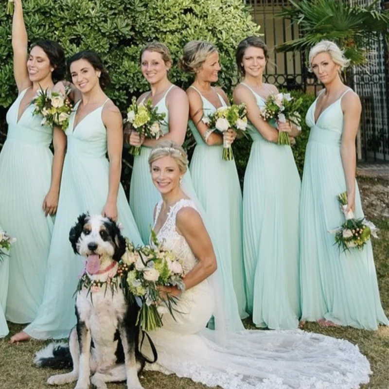 Vestido de dama de honor verde menta, línea A, tirantes finos, plisado, sin mangas, longitud hasta el suelo, sencillo, para fiesta de boda, hecho a medida, nuevo