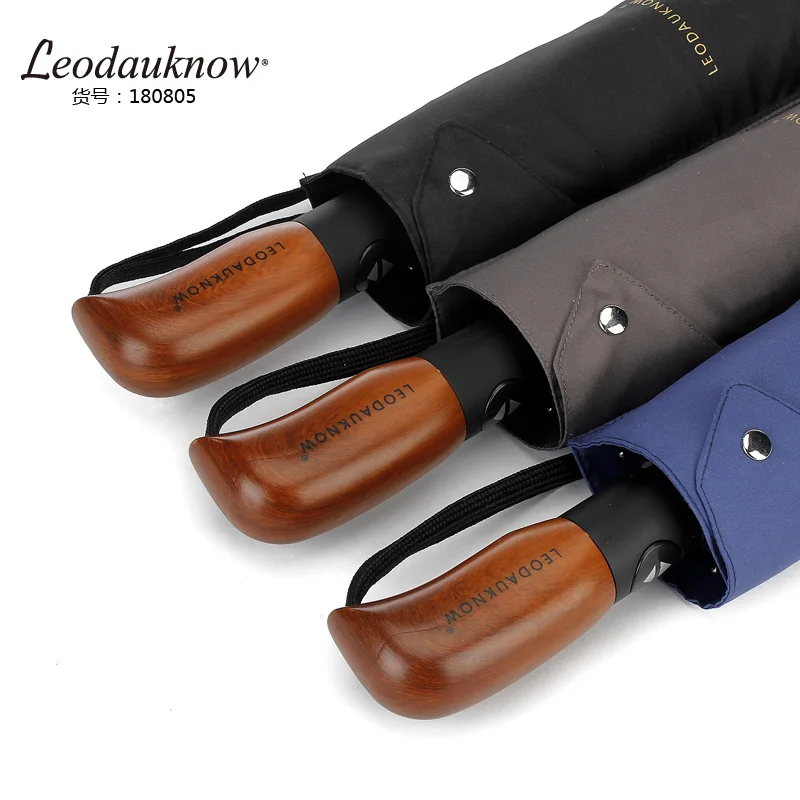 LEODAUKNOW-Wind Resistant Folding Automatic Umbrella, Auto Luxury Big Windproof Leather Handle Rain for Business Gentleman