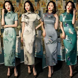 Spring New Green Elegant Retro Women Chinese Traditional Dress Qipao Printing Cheongsam Long Qi Pao Dresses Plus Size 4XL