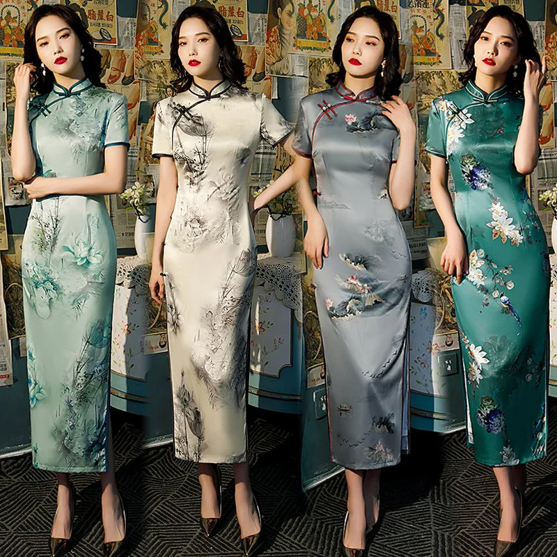 Spring New Green Elegant Retro Women Chinese Traditional Dress Qipao Printing Cheongsam Long Qi Pao Dresses Plus Size 4XL