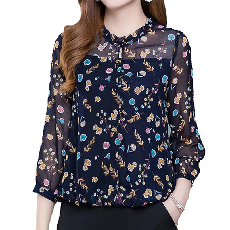 Women Chiffon Blouse 2021Autumn Floral Print Tunic Casual Middle Long Sleeve O-neck Top Lady Blouse NS4885