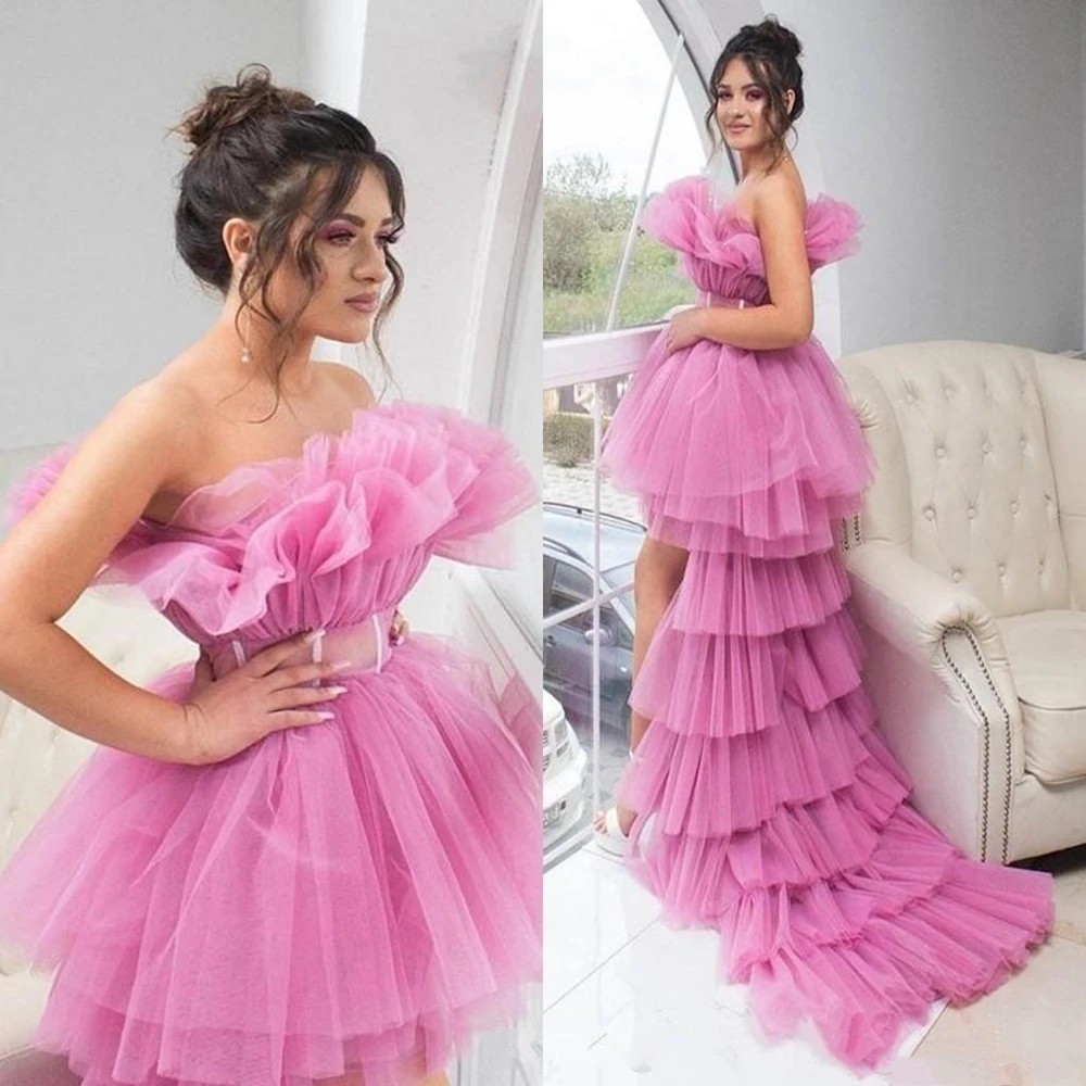 Uma linha de alta baixa inchado vestidos de baile ruched strapless camadas tule tutu saias cocktail vestido de festa vestidos de noite robes de soiree