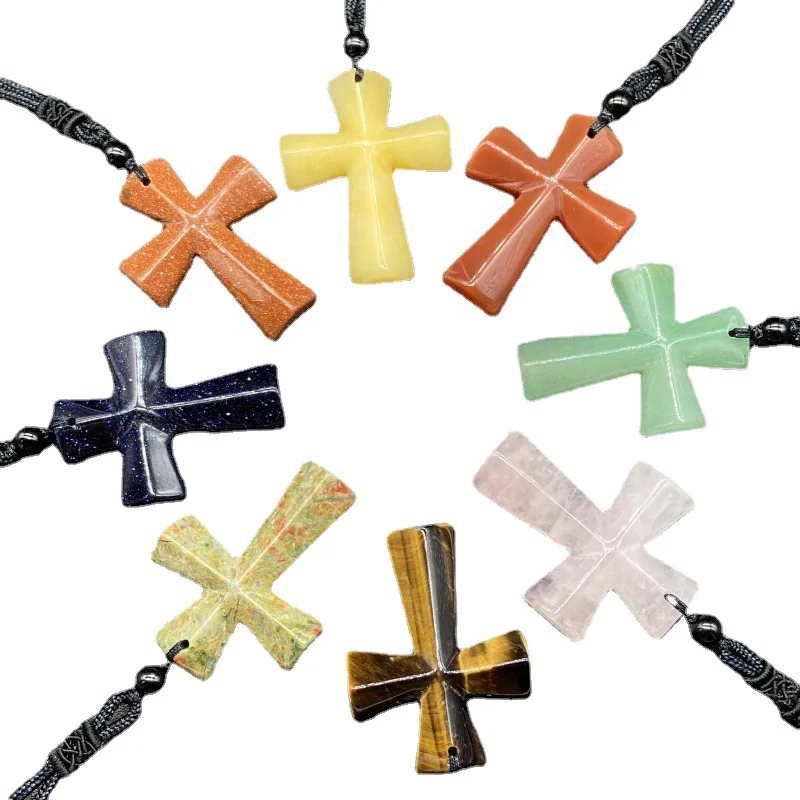 Qimoshi Handmade Natural  Carved Gemstone Cross Pendant Necklace for Men & Women with Adjustable Rope Charms Jewelry Girls