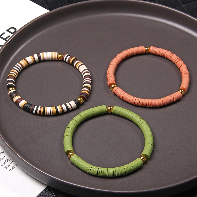6mm Slice Shaped Various Soft Polymer Clay Bracelet Gold Color Ball Charm Bohemia Style For Women Men Jewelry Argile Gift