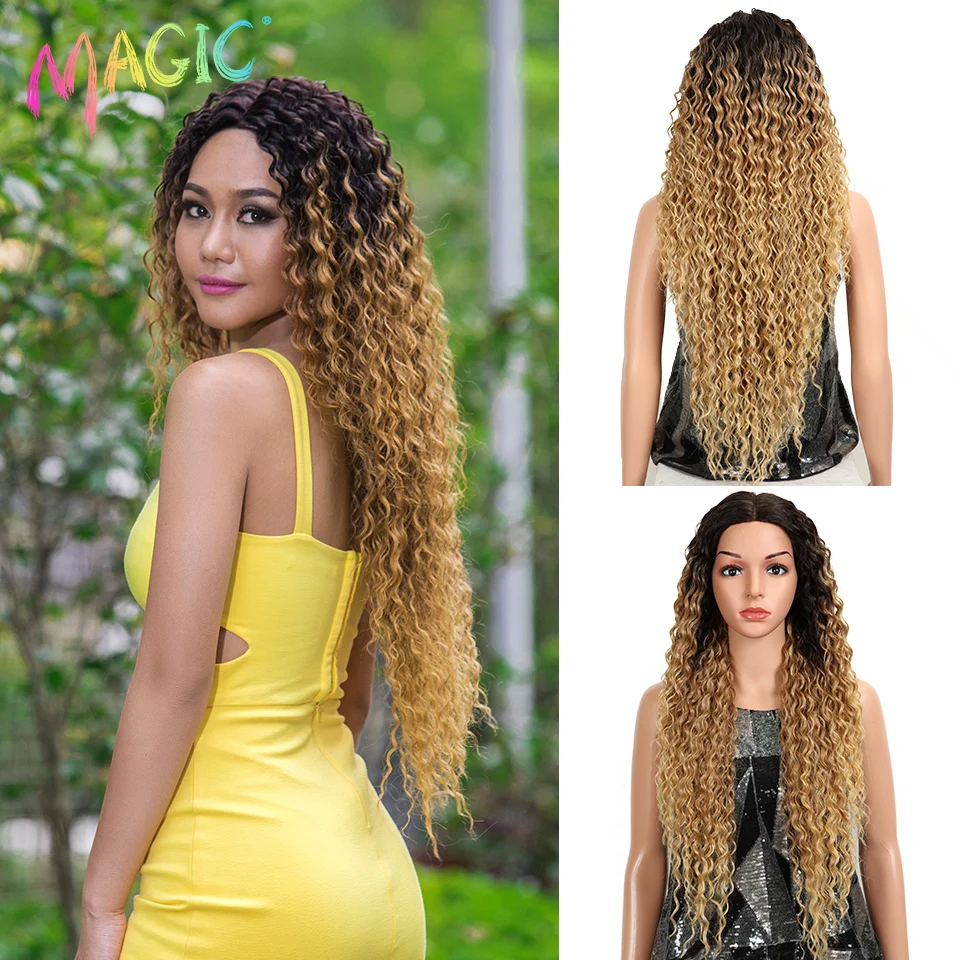 Magic Synthetic Lace Wig Wave Wigs Omber Blonde Wig High Temperature Fiber Curly Hair Wigs For Women Cosplay Lace Front Wig