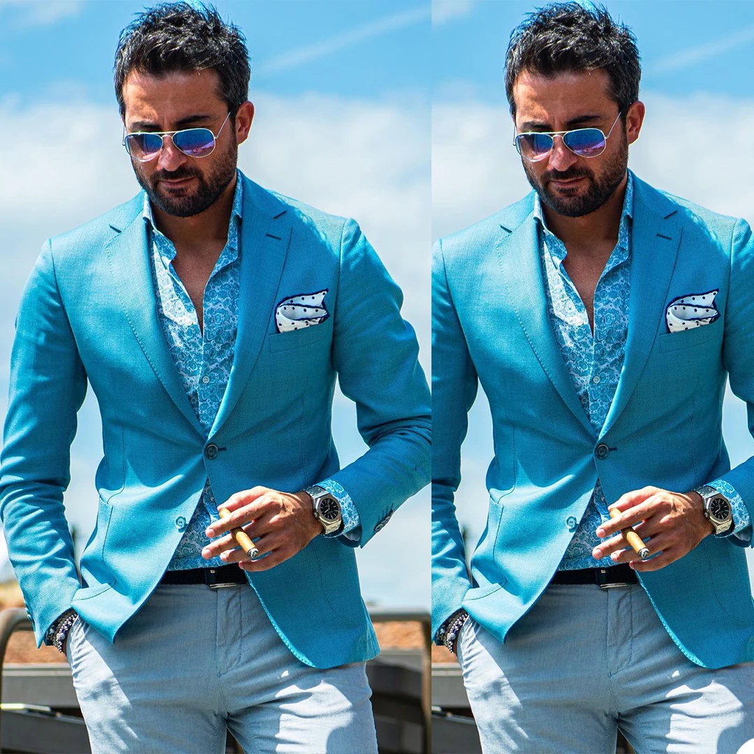 

Summer Blue Customized Wedding Tuxedos Slim Fit Two Button Jacket Suits Business Party Prom Blazer Only One Piece