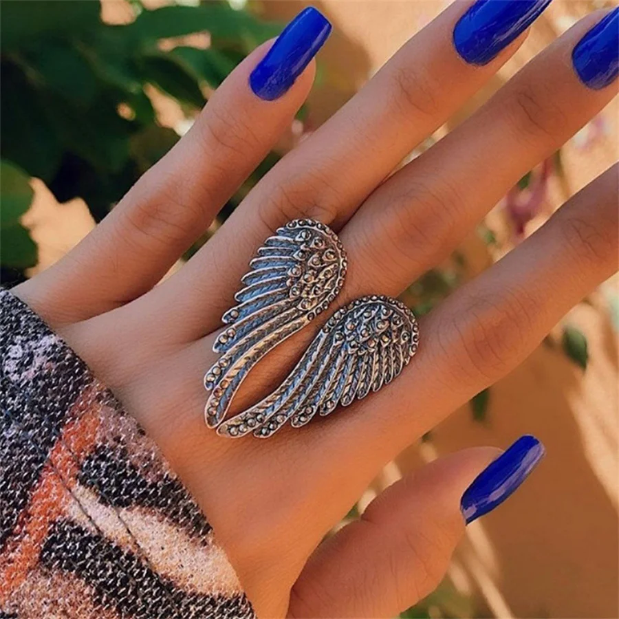 New Vintage Silver Angel Wing ring fashion feather gold colour metal ring punk geometric alloy men\'s and women\'s  Gothic jewelry