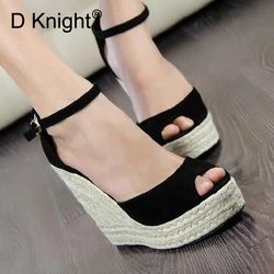 Donne di modo di Estate Sandali Scarpe Fibbia Scarpe Per Il Tempo Libero Incunea I Sandali Della Piattaforma Peep Toe Zeppe di Paglia di Alta Tacco 9.5/10.5cm Scarpe