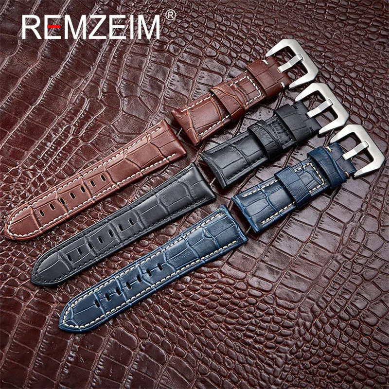 REMZEIM New 20 22 24 26mm Genuine Leather Watch Band Strap Blue watchband Watch Accessories Bracelet with Solid metal Buckle