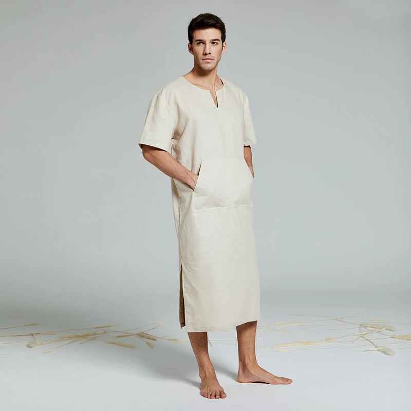 Men's Real Linen Cotton nightgowns Extra large bathrobe Short-sleeved Robe Caftan Vacation Holiday beach Robe