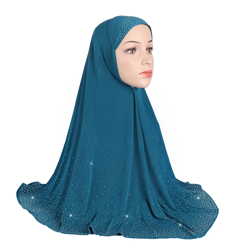 

Muslim Women Long Hijabs Scarf with Starry Rhinestone Islam Arabic Plain Turban Jersey Cap for Lady Buqa Pray Headwrap Headscarf