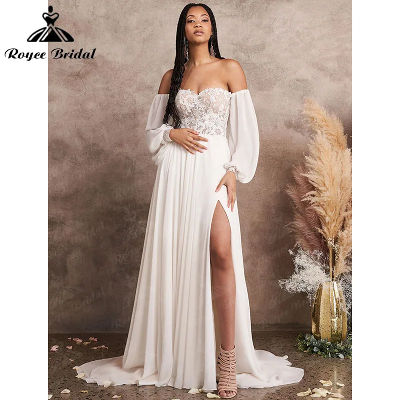 Abito da sposa Boho semplice A Line con manica lunga A sbuffo abito da sposa formale in Chiffon senza schienale in pizzo con spacco laterale 2022