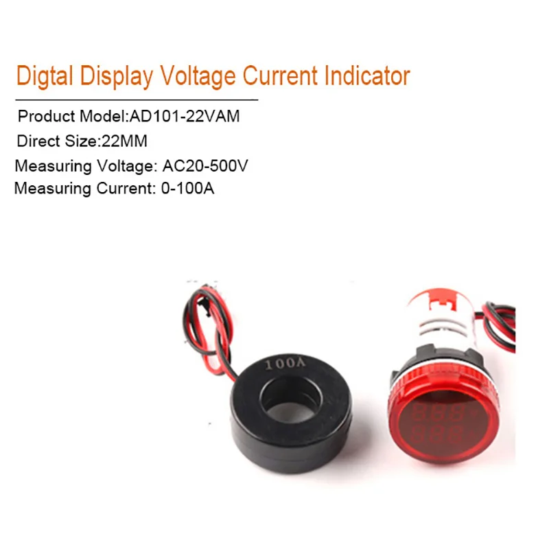 22mm Square Round Mini Digital Voltmeter Ammeter AC 20-500V 0-100A Amp Volt Voltage Tester Meter Dual LED Indicator Pilot Light