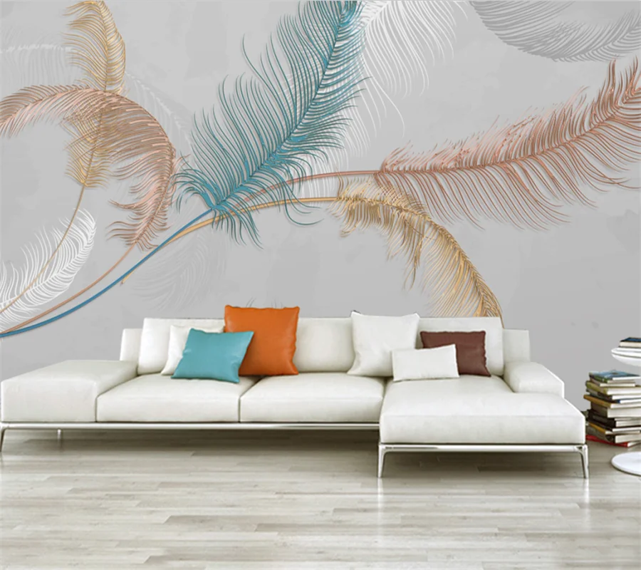 

wellyu Custom large mural fashion hand-painted feather Nordic style light luxury golden embossed line background wallpaper